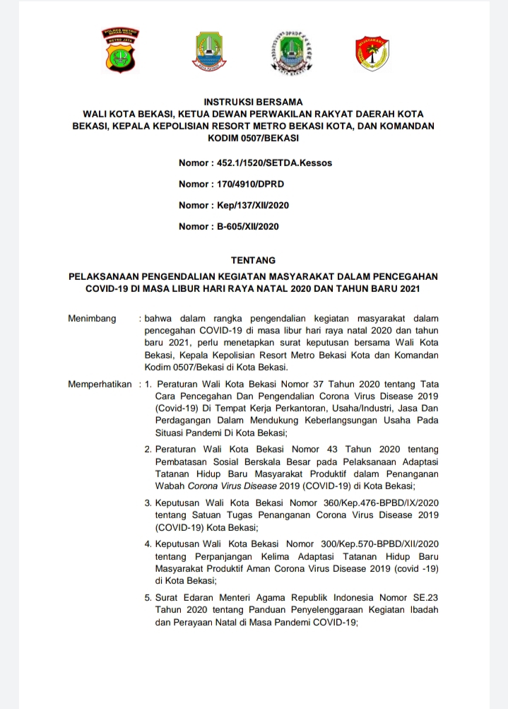 Pemkot Bekasi Keluarkan Instruksi Bersama Pengendalian Kegiatan Masyarakat di Masa Libur Natal 2020 dan Tahun Baru 2021