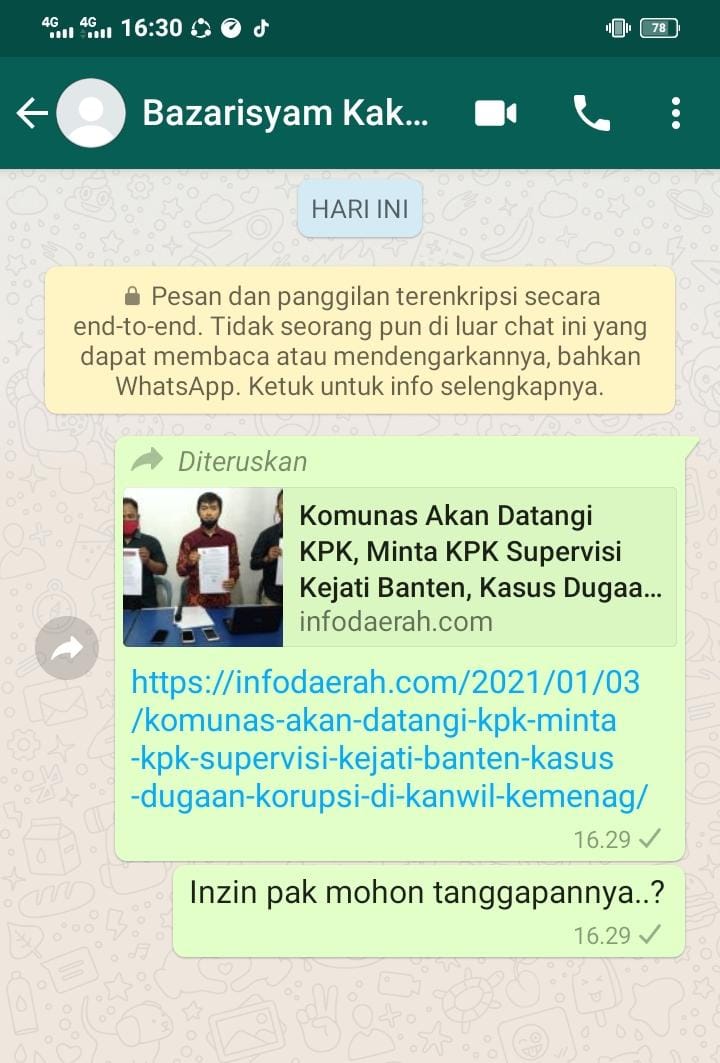 Dikonfirmasi Soal Kasus Dugaan Korupsi, Kakanwil Kemenag Banten Masih Belum Bisa Dikonfirmasi, Kontak Wartawan Diblokir