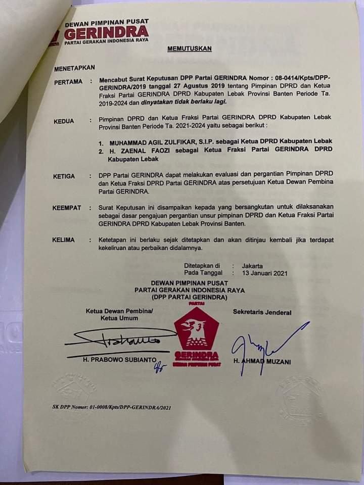 Prabowo Subianto Sudah Tetapkan Nama Calon Ketua DPRD Lebak