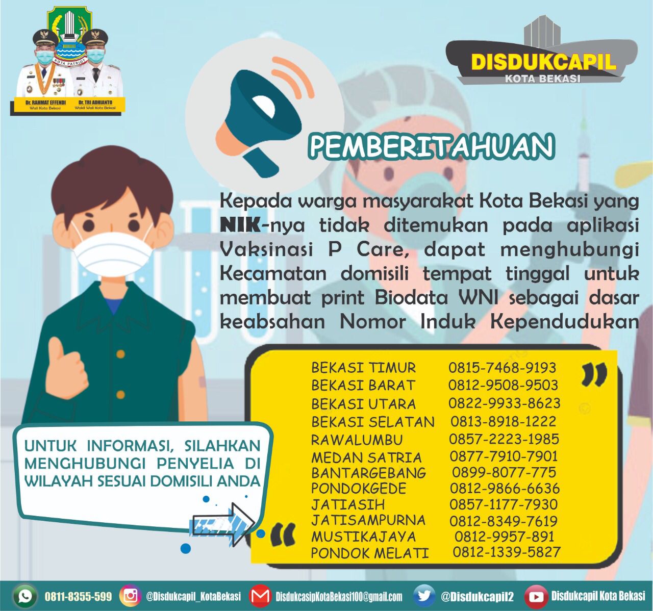 Disdukcapil Kota Bekasi Sediakan Nomor Layanan Di Masing – Masing Kecamatan Kota Bekasi