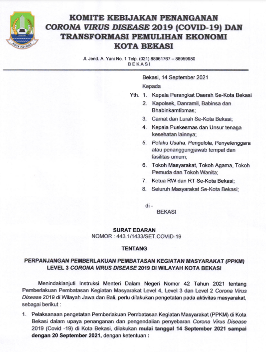 Pemkot Bekasi Perpanjang Masa PPKM 14 Hingga 20 September 2021