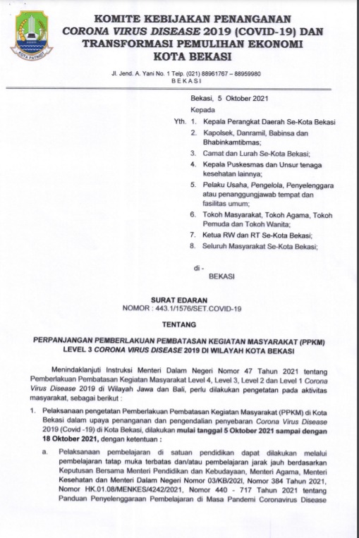 Pemerintah Kota Bekasi Lanjutkan Perpanjangan Pemberlakuan Pembatasan Kegiatan Masyarakat (PPKM) Level 3