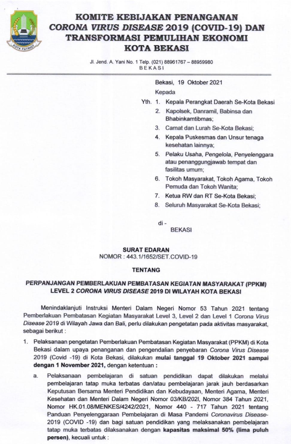 Pemkot Bekasi Keluarkan Surat Edaran PPKM Level 2 Corona Virus Disease
