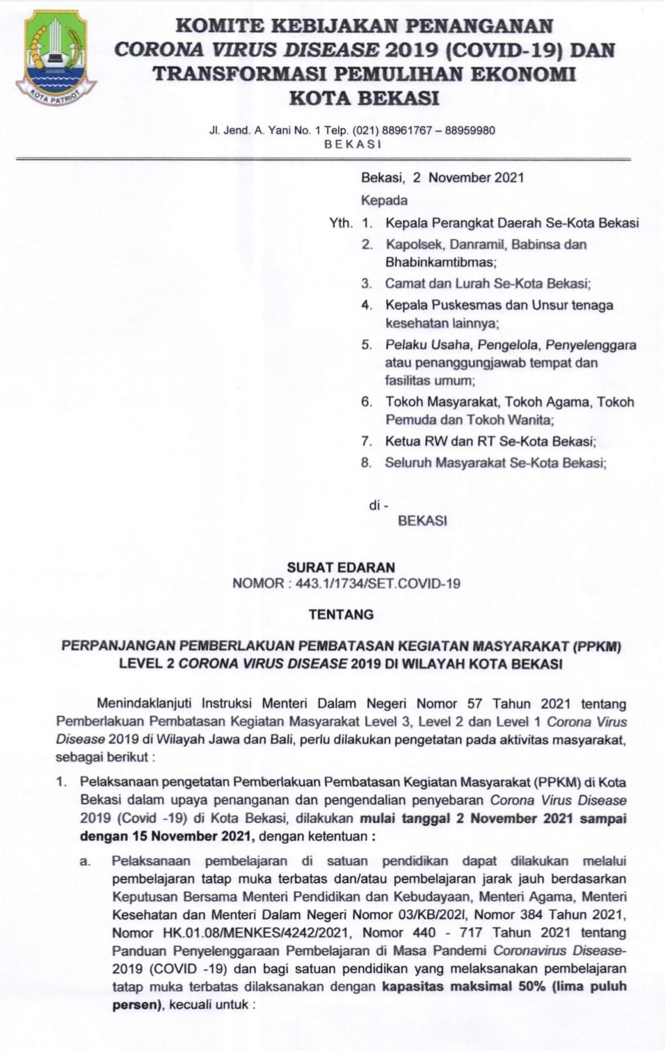 PPKM Berlanjut, Pemkot Bekasi Keluarkan Surat Edaran Perpanjangan PPKM Level 2