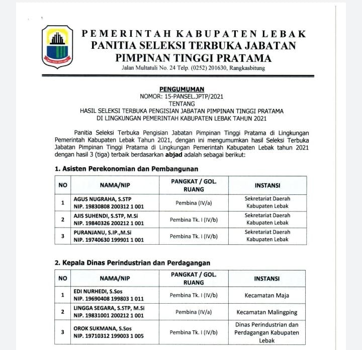 Open Bidding 6 Posisi Jabatan Pimpinan Tinggi Pratama Tidak Transparan?