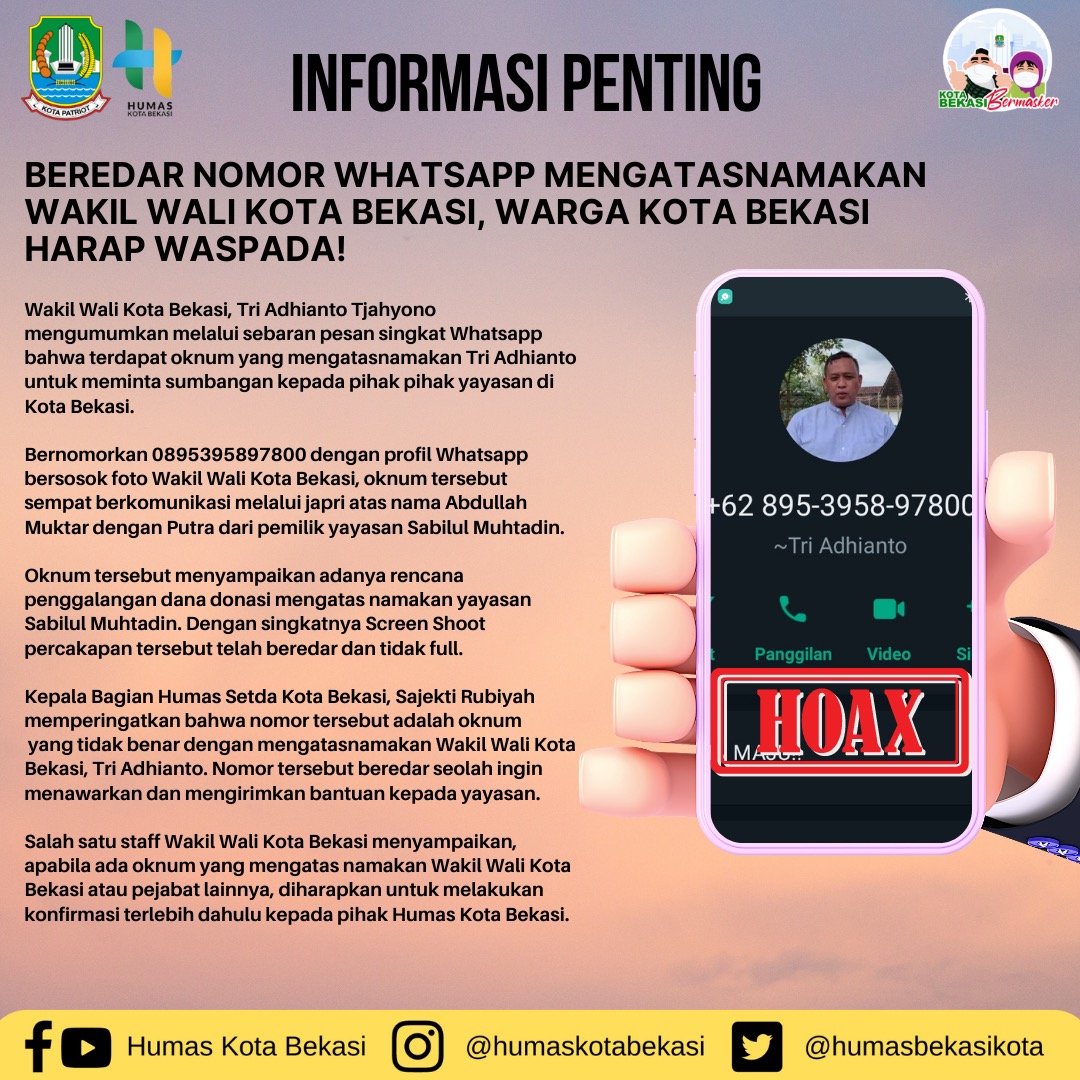 Beredar Nomer WhatsApp Mengatas Namakan Wakil Wali Kota Bekasi, Warga Kota Bekasi Harap Waspada