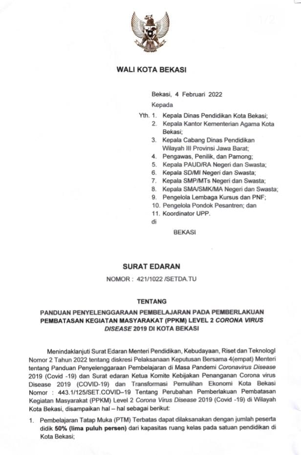 Pemkot Bekasi Tetapkan Pembelajaran Tatap Muka 50% Ditengah PPKM Level 2