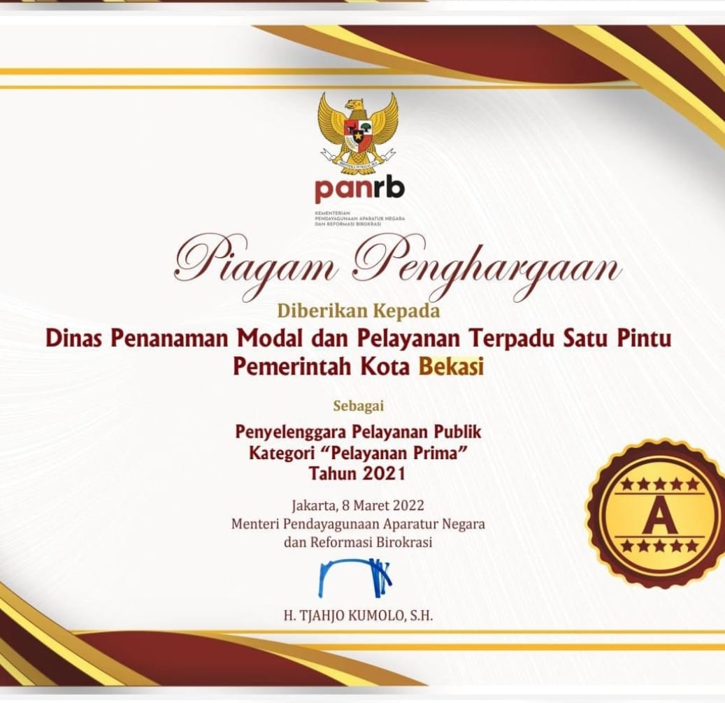 DPMPTSP Kota Bekasi Raih Penghargaan Kategori Pelayanan Prima dalam Pelayanan Publik