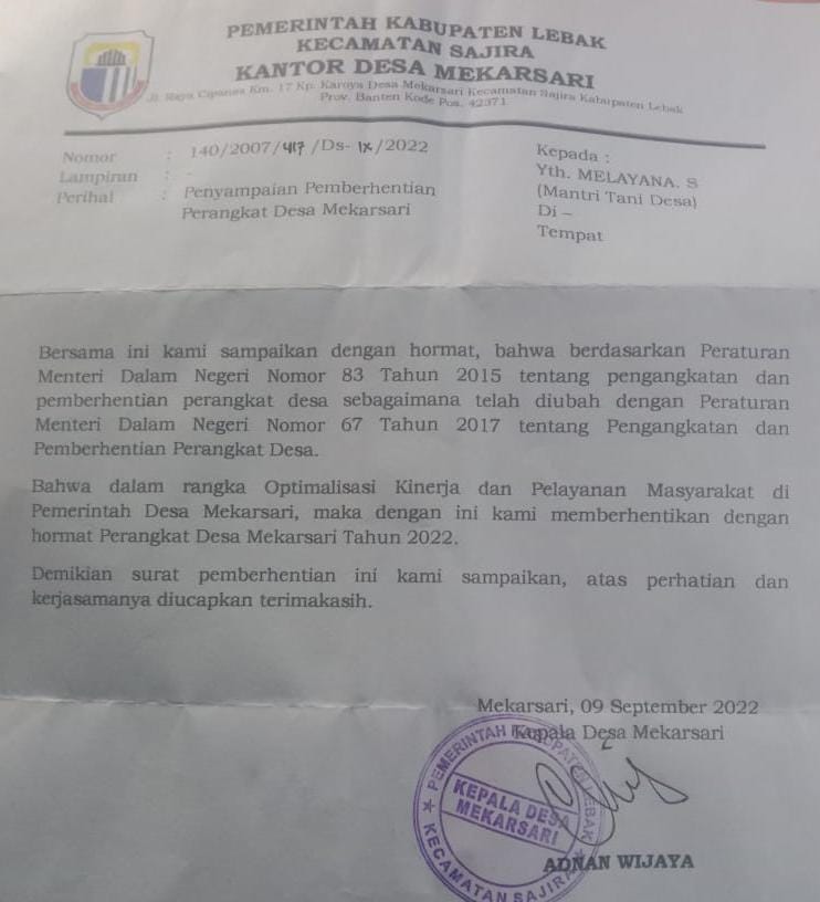 Gegara Cuti Melahirkan, Perangkat Desa di Lebak Dipecat