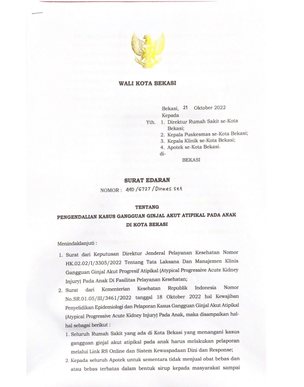 Pemkot Bekasi Keluarkan Edaran Tentang Pengendalian Kasus Gangguan Ginjal Akut Atipikal pada Anak di Kota Bekasi