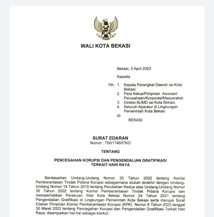 Jelang Hari Raya, Pemkot Bekasi Keluarkan SE Pencegahan Korupsi dan Pengendalian Gratifikasi