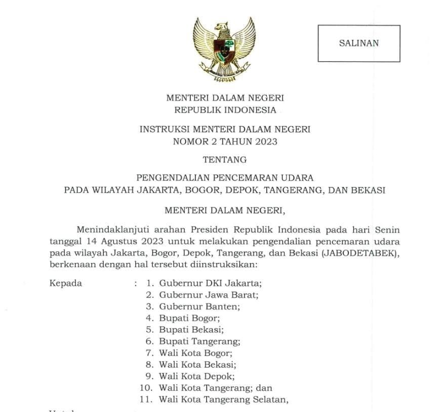 Mendagri Terbitkan Instruksi Pengendalian Pencemaran Udara pada Wilayah Jabodetabek