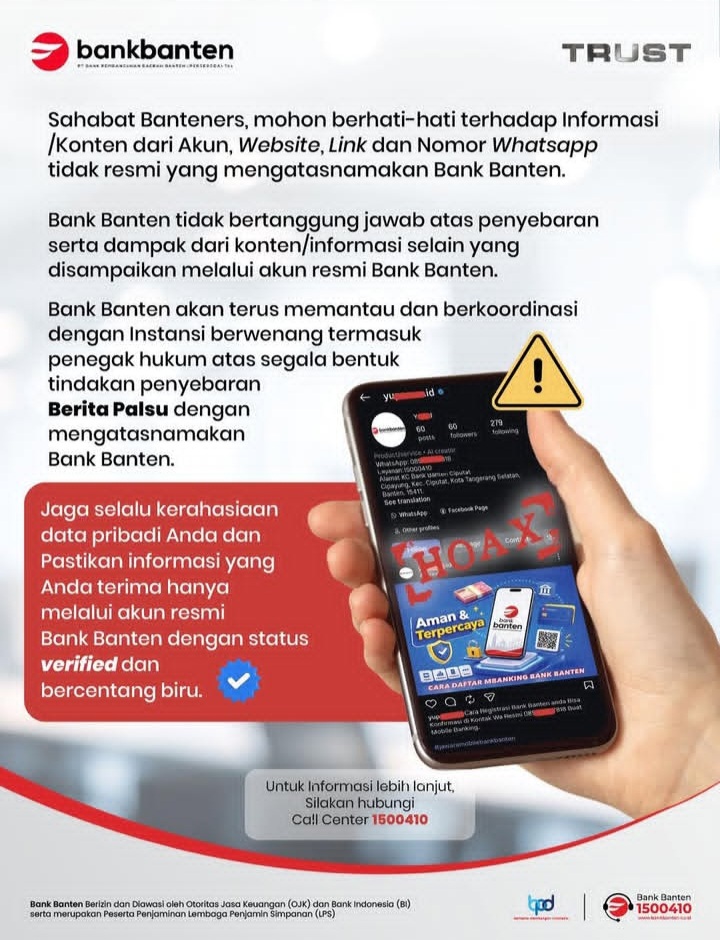 Bank Banten Ingatkan Masyarakat Waspadai Hoaks dan Akun Palsu yang Mengatasnamakan Perusahaan