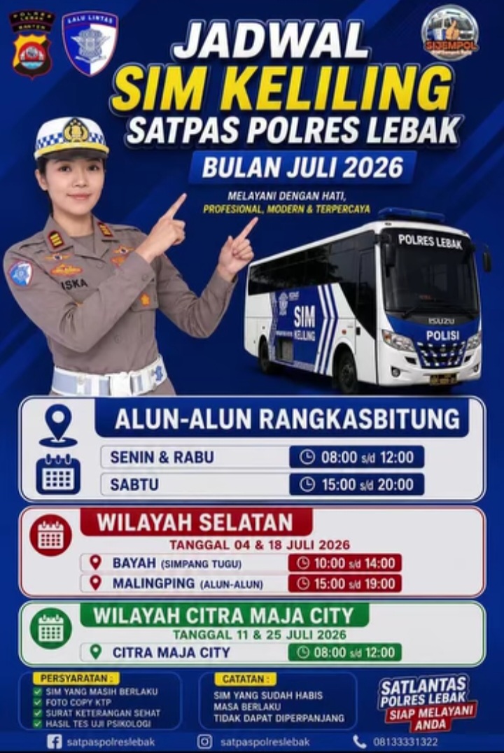 Jadwal, Lokasi dan Persyaratan SIM Keliling Kabupaten Lebak Juli 2026